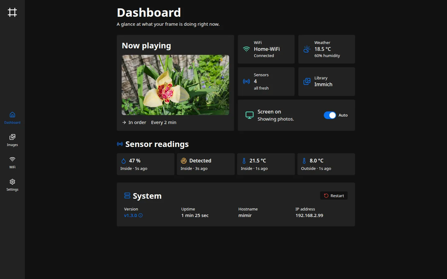 The admin dashboard, showing the current photo, connection and sensor status, live readings, and system information.