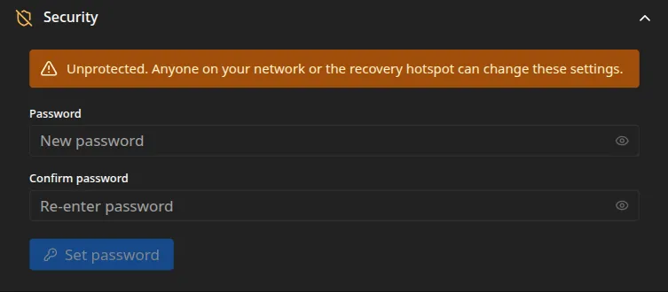 The Security settings: an unprotected warning above the fields to set a password