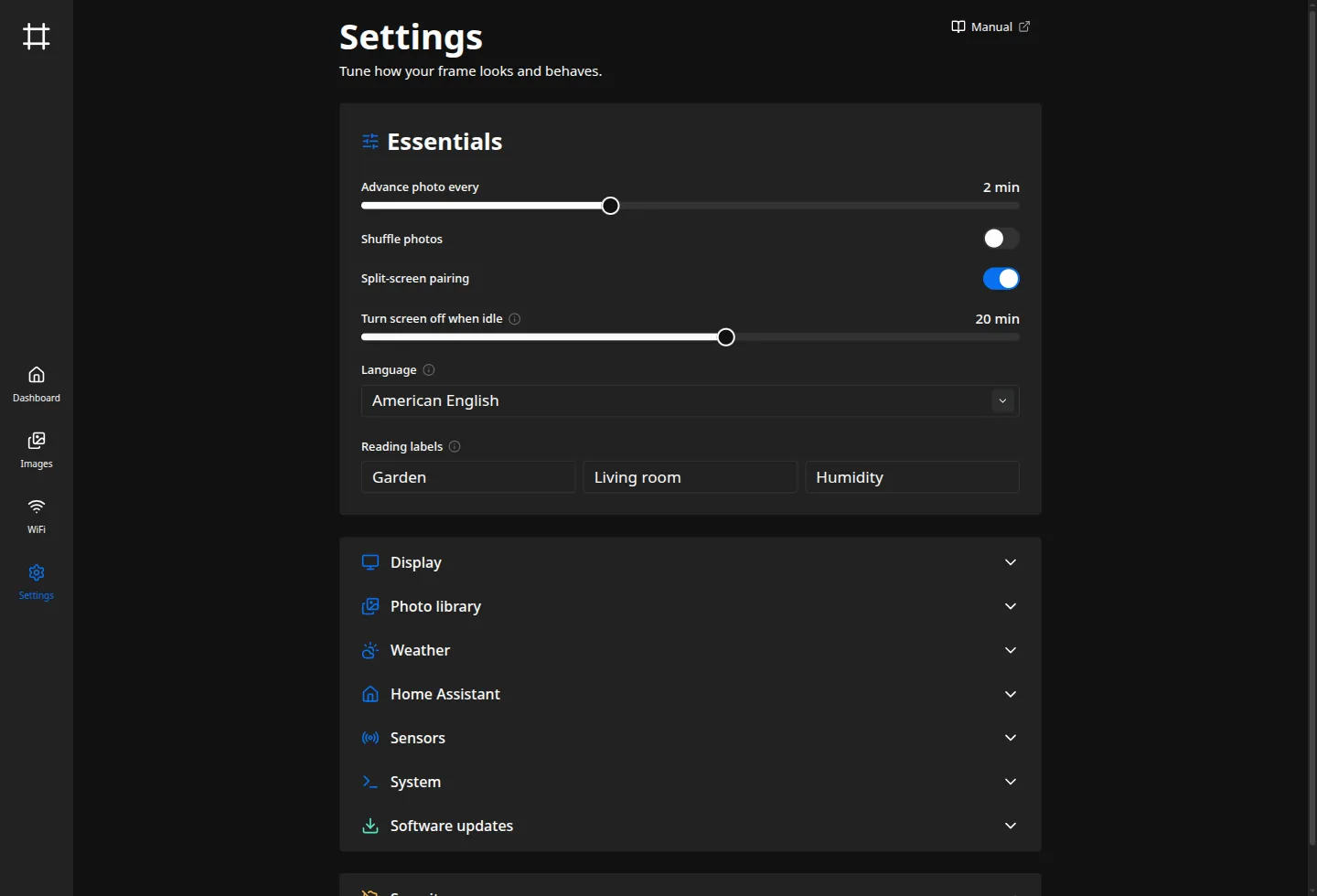 The Settings page, with the Essentials section open above the other groups