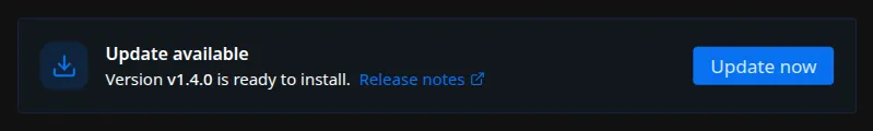 The Update available panel, showing the new version and an Update now button